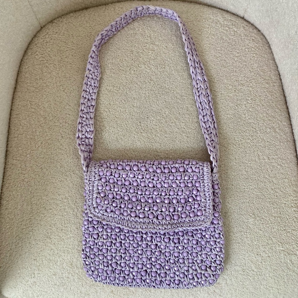 Vintage Italian Woven Beaded Purse | Lilac Purple Handmade Magid Straw Flap Bag